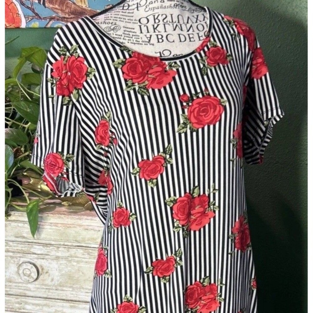 Vtg Y2K Black White Stripe Maxi Dress Red Roses Sz 1XL Grunge 90s